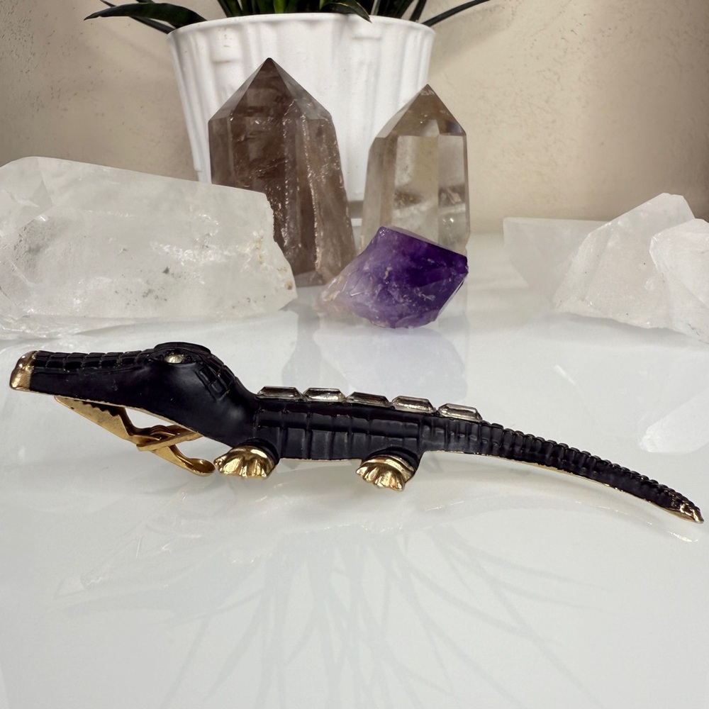 Vintage Gold Tone Metal & Black Alligator / Crocodile Clip - Picture 8 of 15